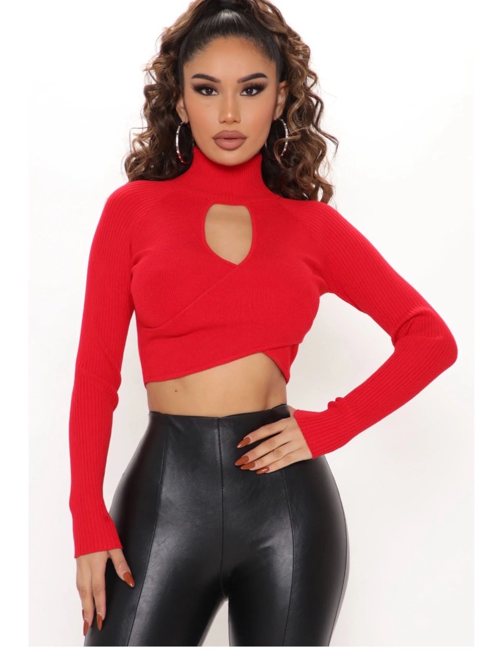 Fashion Nova Red Ribbed Turtleneck Cutout Sweater